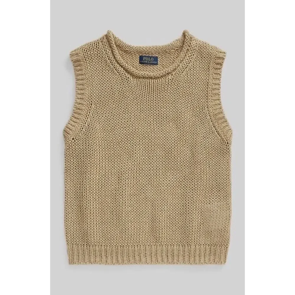 Polo Ralph Lauren Linen Cotton Tan Knit Sleeveless Crewneck Sweater Vest Size L
